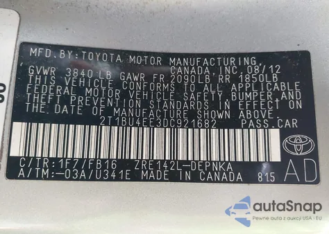 2013 Toyota Corolla Le z USA, uszkodzony, nr VIN 2T1BU4EE3DC921682